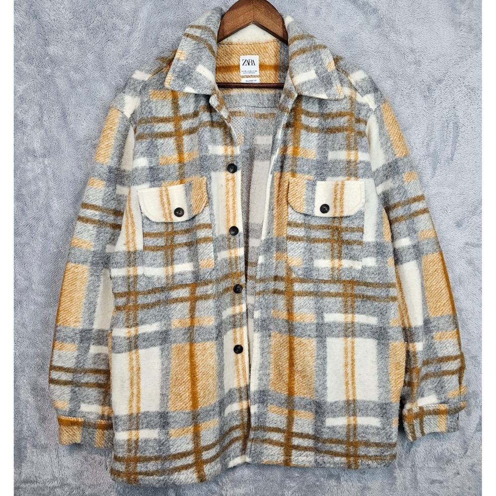 ZARA XL Plaid MOROCCO Shirt Jacket Shacket Gray Long Sleeve Cabin